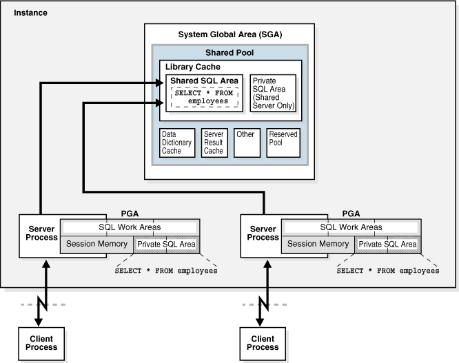 图 14-10 私有 SQL 区和共享 SQL 区