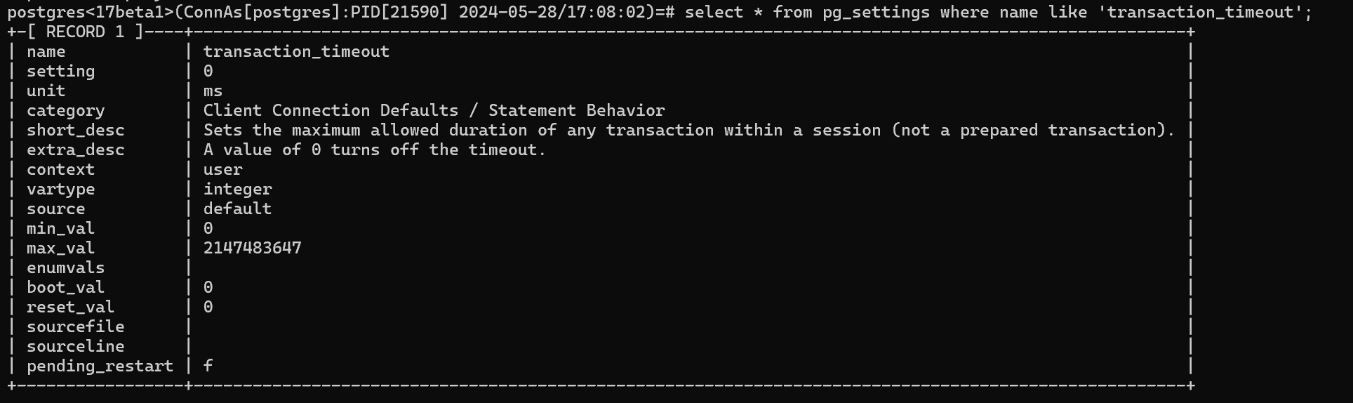 Postgresql17 transaction timeout 