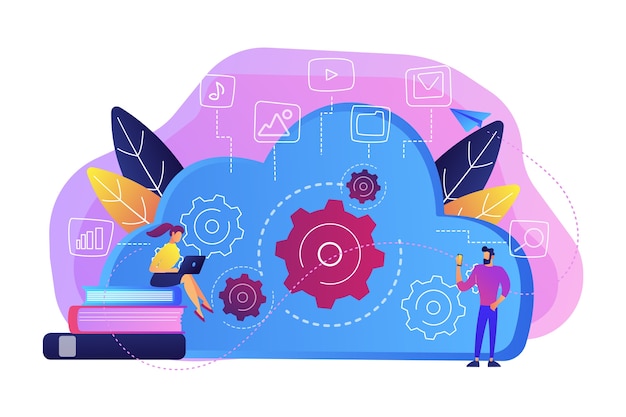 Developers using laptop and smartphone working with cloud data illustration