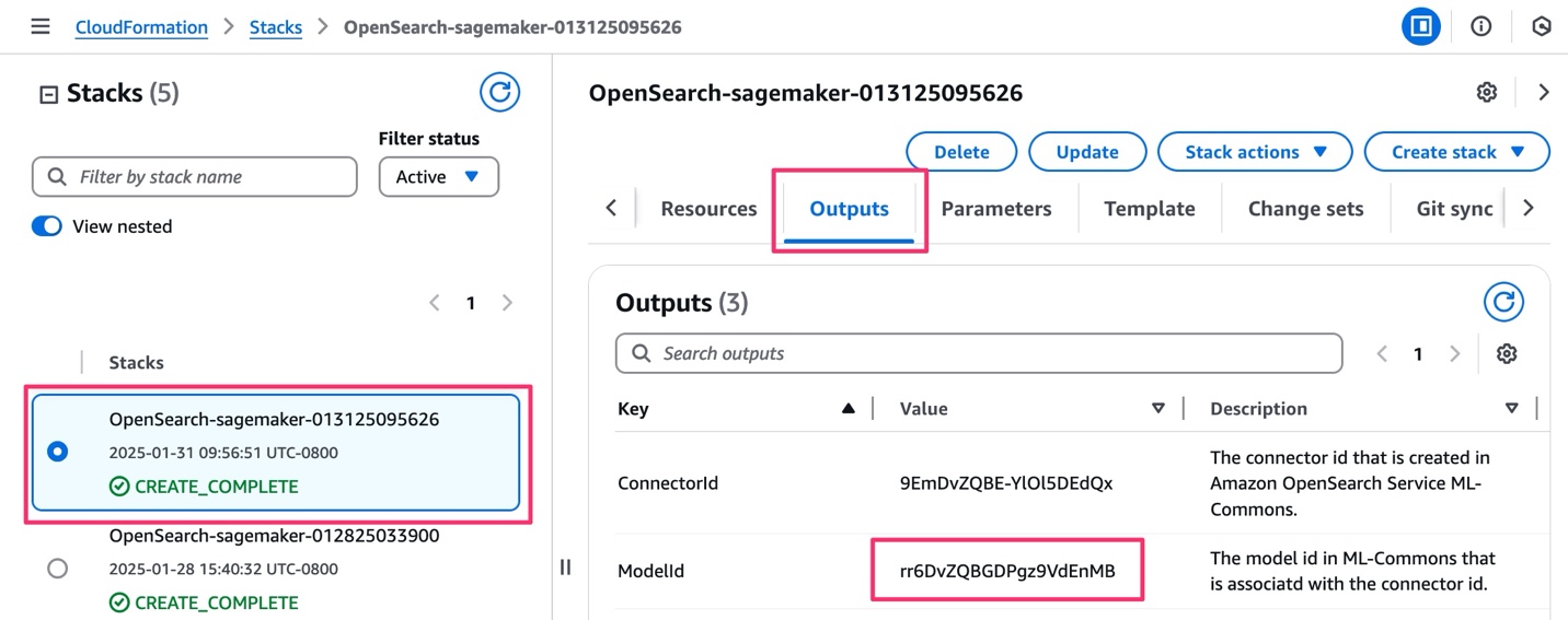 The AWS CloudFormation console showing the template results for the integration template and where to find the model ID