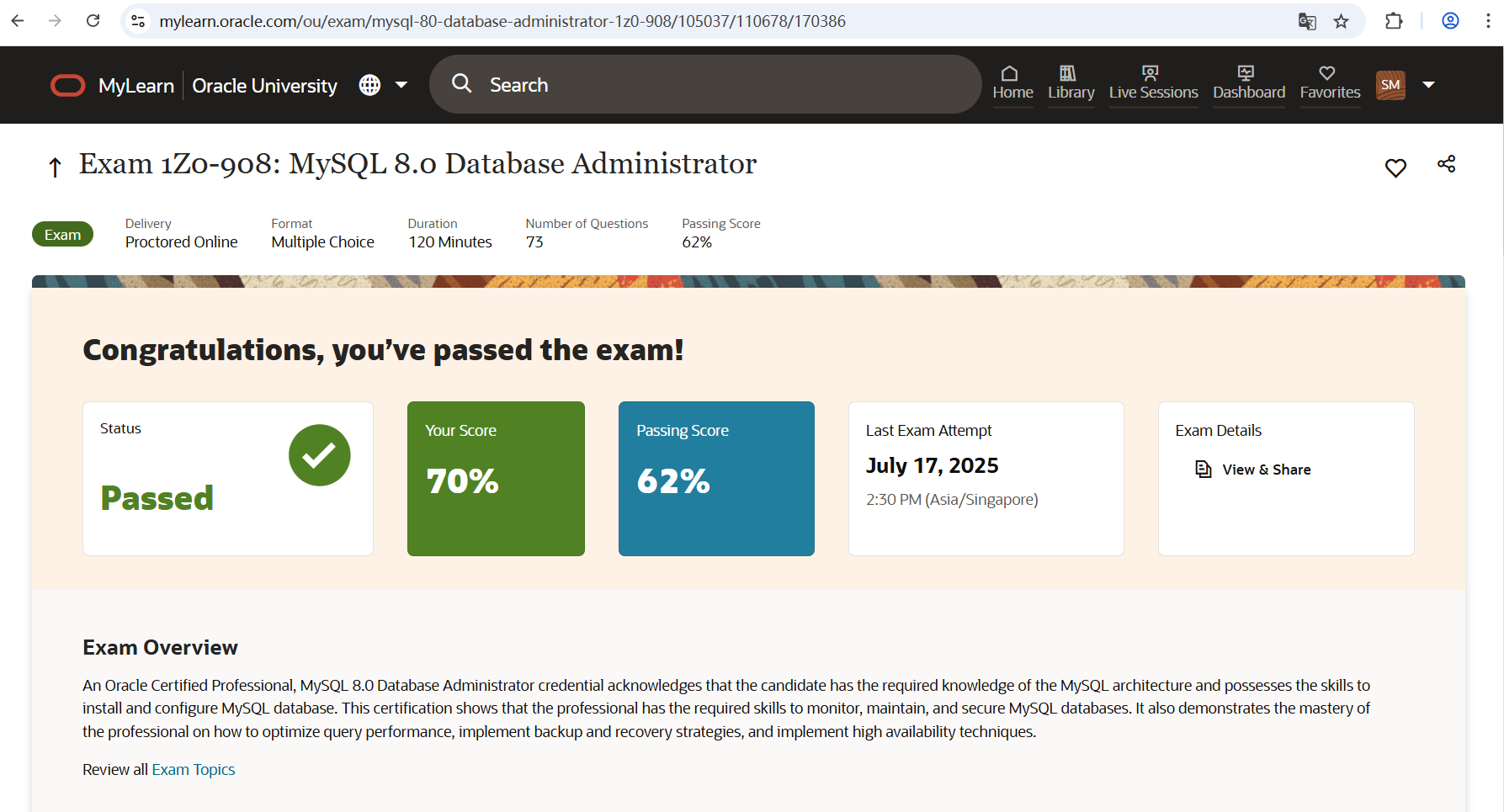 MySQL 8.0 OCP (1Z0-908) 证书示意图