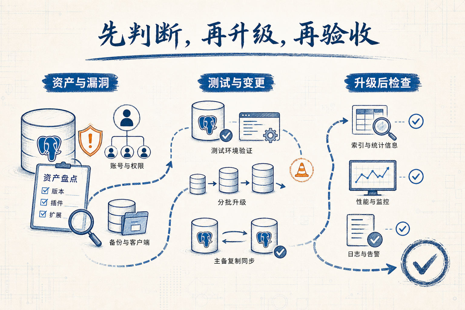 PostgreSQL 安全更新从资产判断到升级后验收的流程图